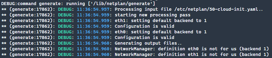 Пример вывода netplan --debug generate с информацией о сгенерированной конфигурации