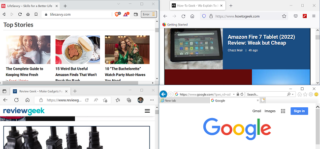 Четыре приложения в режиме разделённого экрана в Windows 10