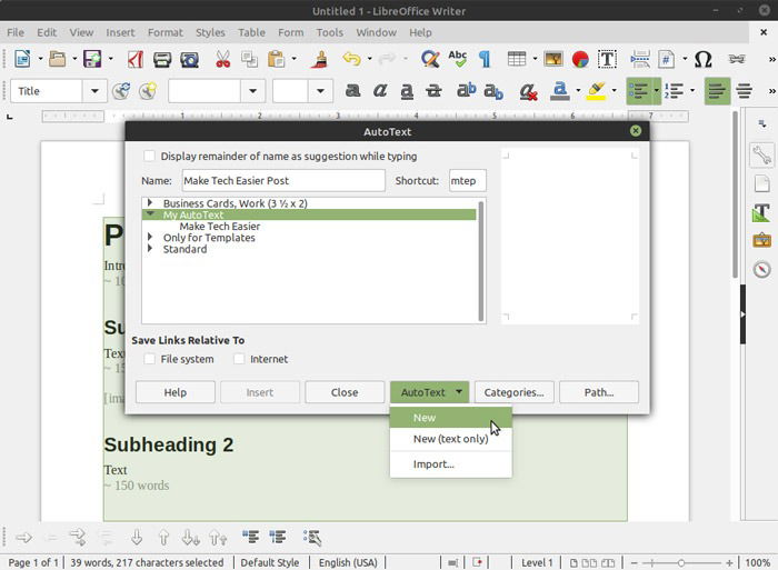 Libreoffice Writer Autotext Document Formatting
