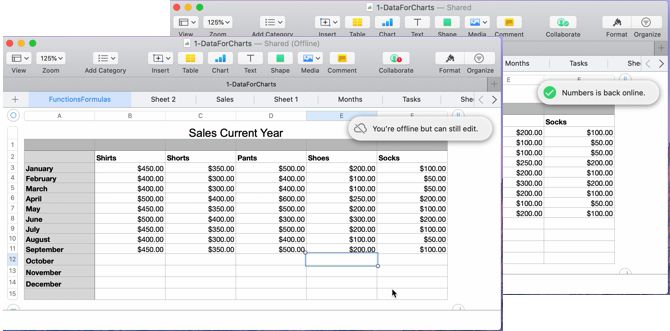 Сообщения офлайн и онлайн в Numbers на Mac