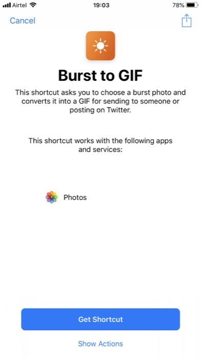 Установка команды Burst to GIF в библиотеке Shortcuts