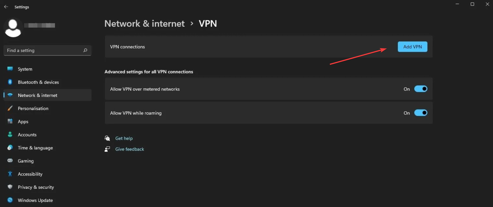 Окно добавления VPN в Windows 11