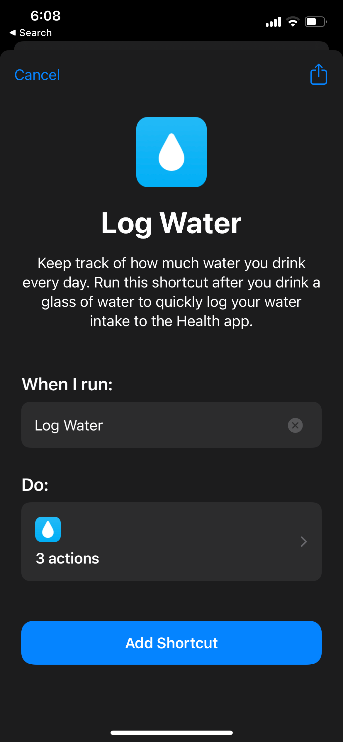 Добавление ярлыка Log Water