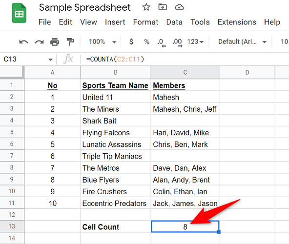 Результат функции COUNTA.
