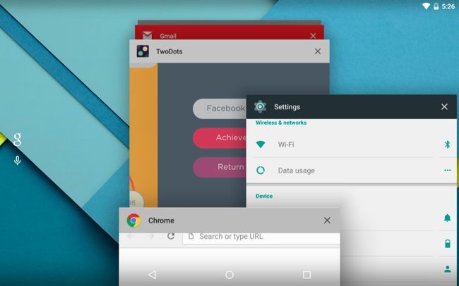Переключатель приложений Android с картой приложения, смахиваемой в сторону