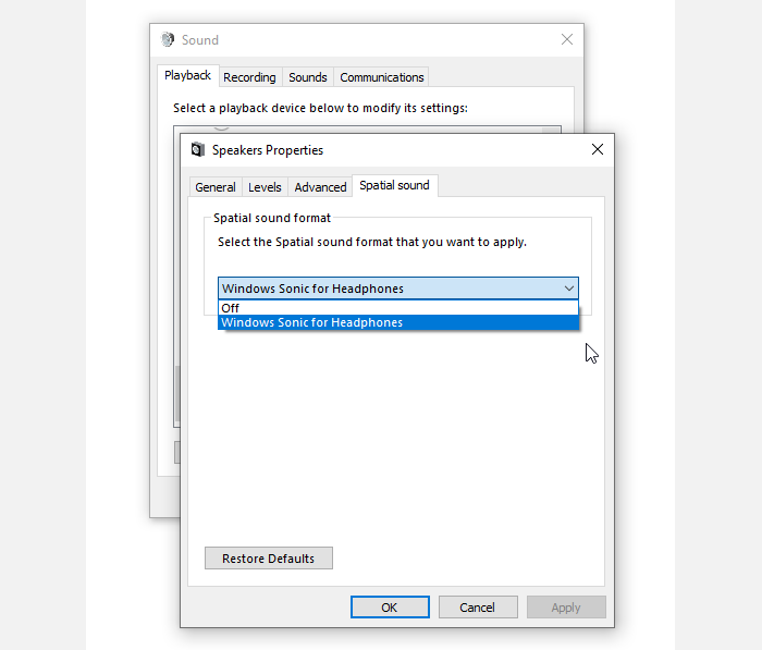 Вкладка Пространственного звука в свойствах устройства