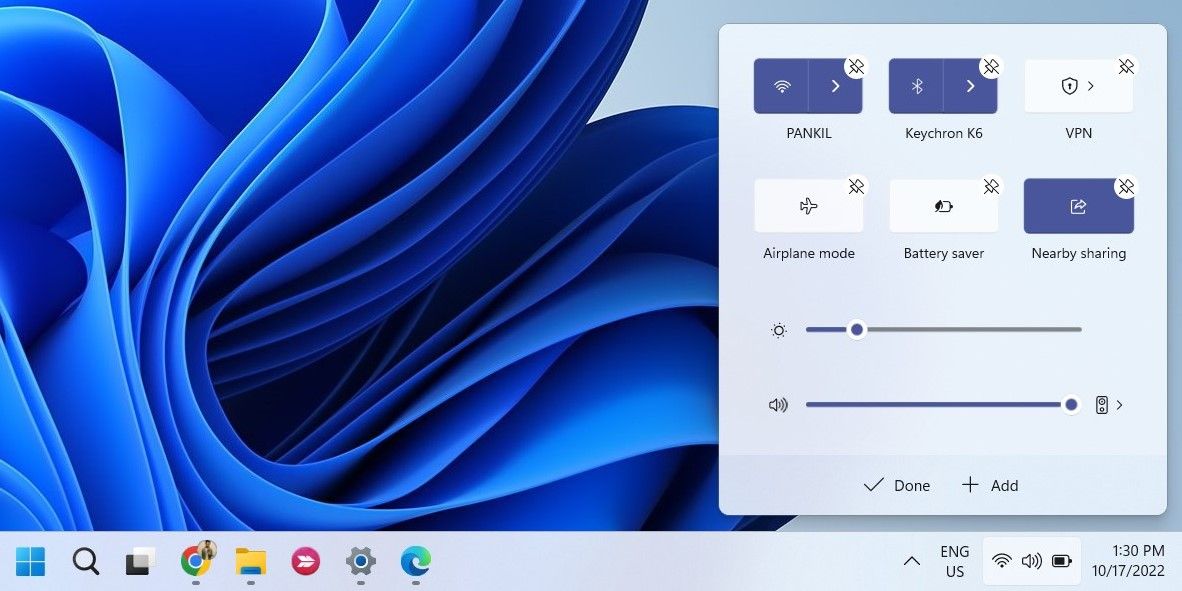 Добавление плитки Nearby sharing в Быстрые настройки Windows 11