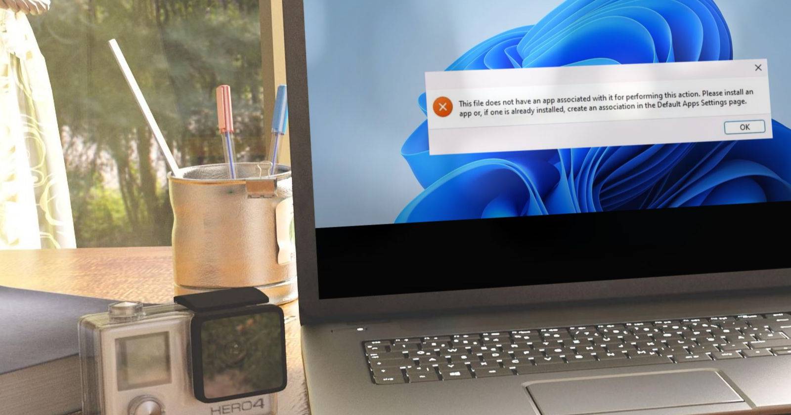 Ноутбук с Windows на столе, на экране отображается сообщение об ошибке