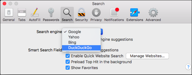 Настройки поисковой системы в Safari