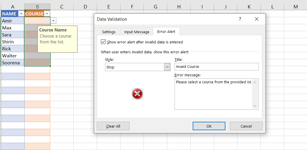 Окно настройки предупреждения об ошибке в проверке данных