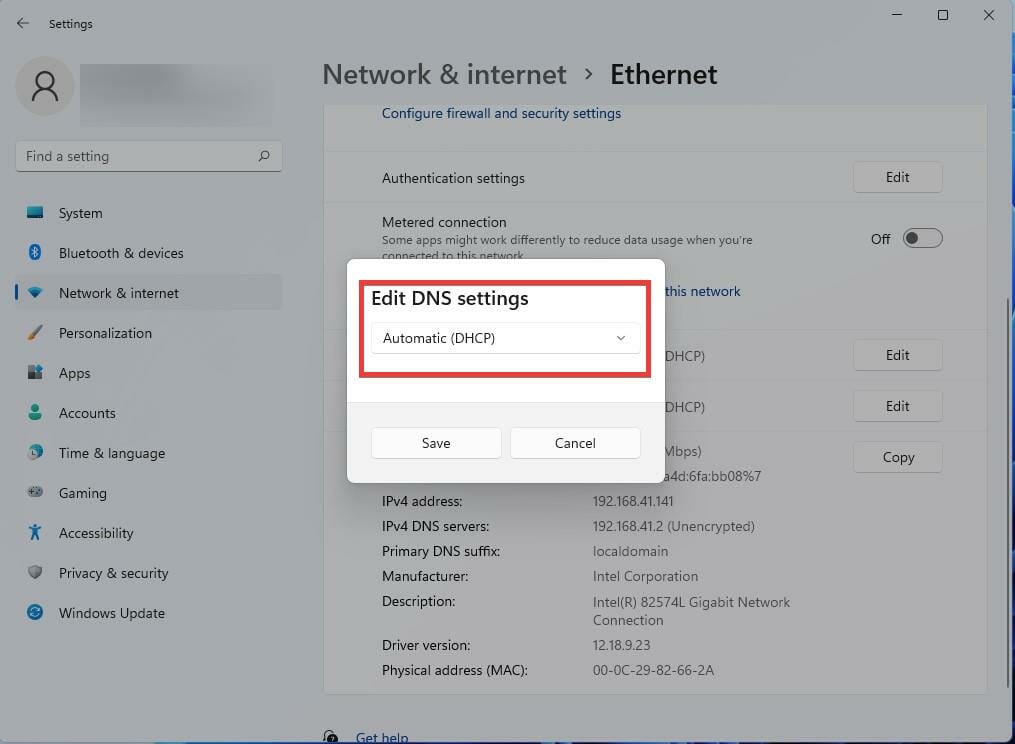 Finestra Modifica impostazioni IP: Automatico (DHCP)