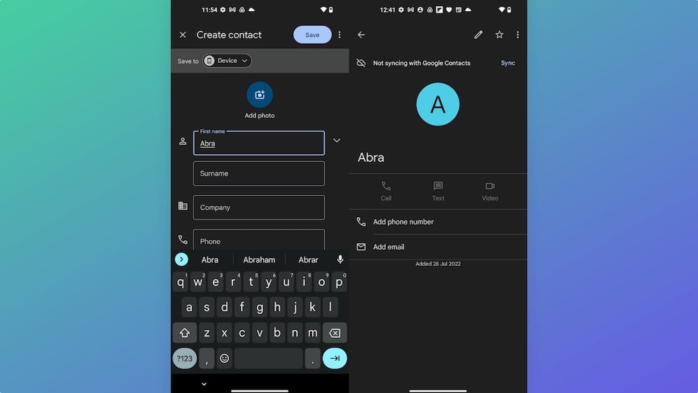 Создание контакта Abra в приложении Контакты на Nothing Phone (1)