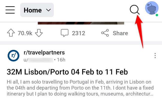 Значок поиска в приложении Reddit