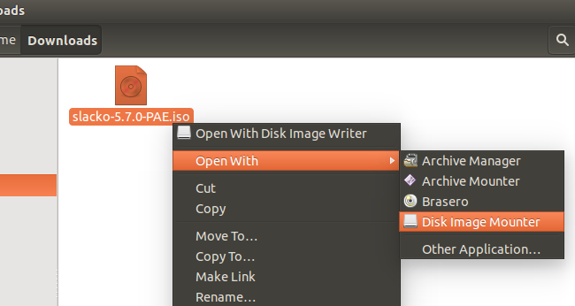 Открытие ISO через Disk Image Mounter в файловом менеджере Linux