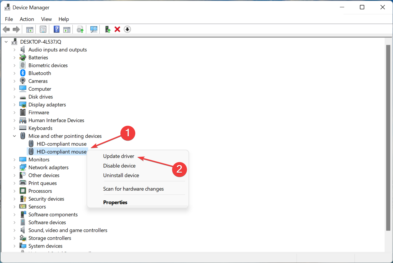 Контекстное меню с опцией обновления драйвера