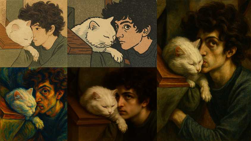 Коллаж изображений, созданных ChatGPT в разных художественных стилях