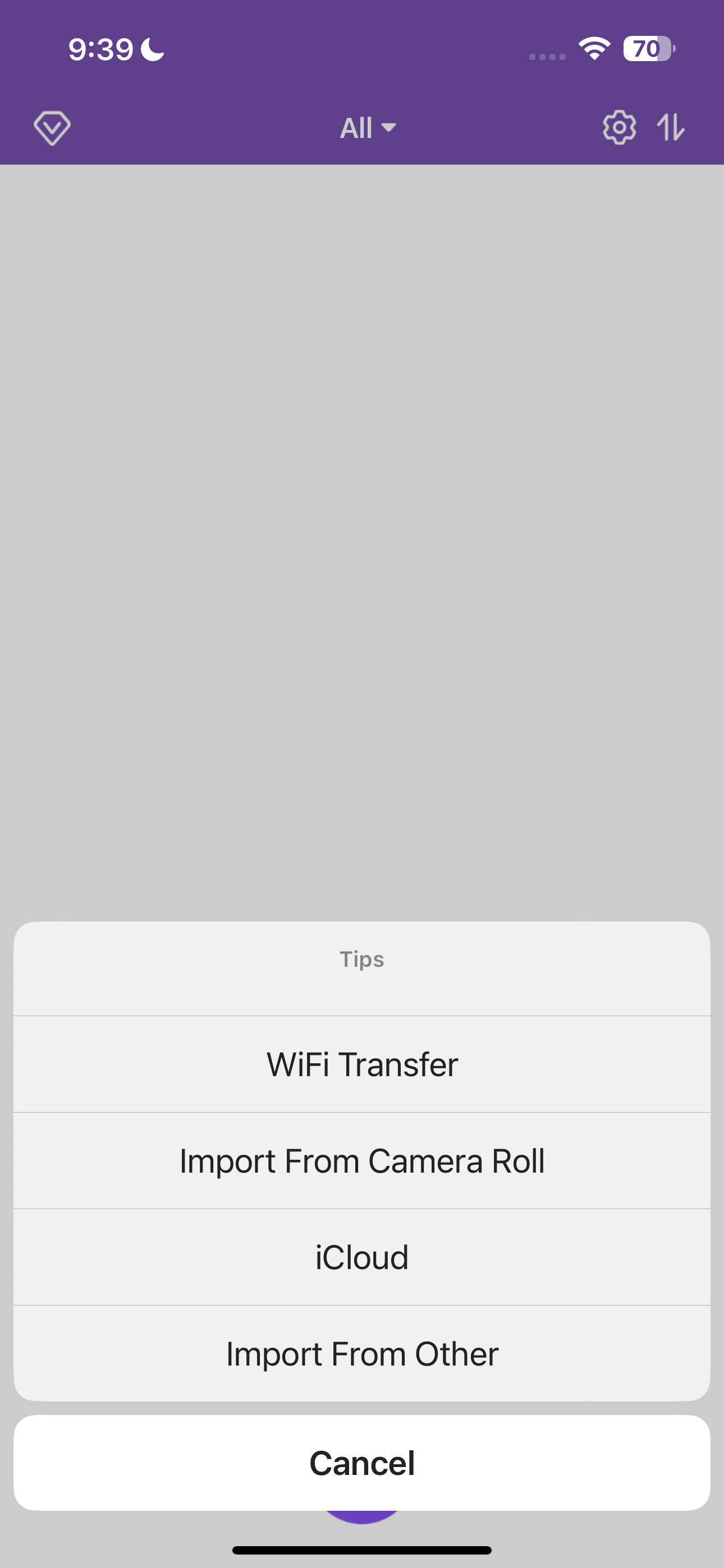 Меню с разными опциями импорта в приложении на iPhone