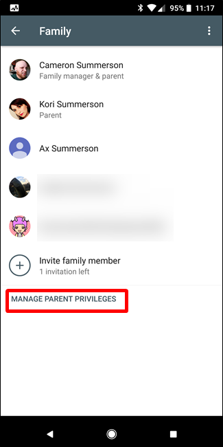 Назначение второго родителя в настройках семьи