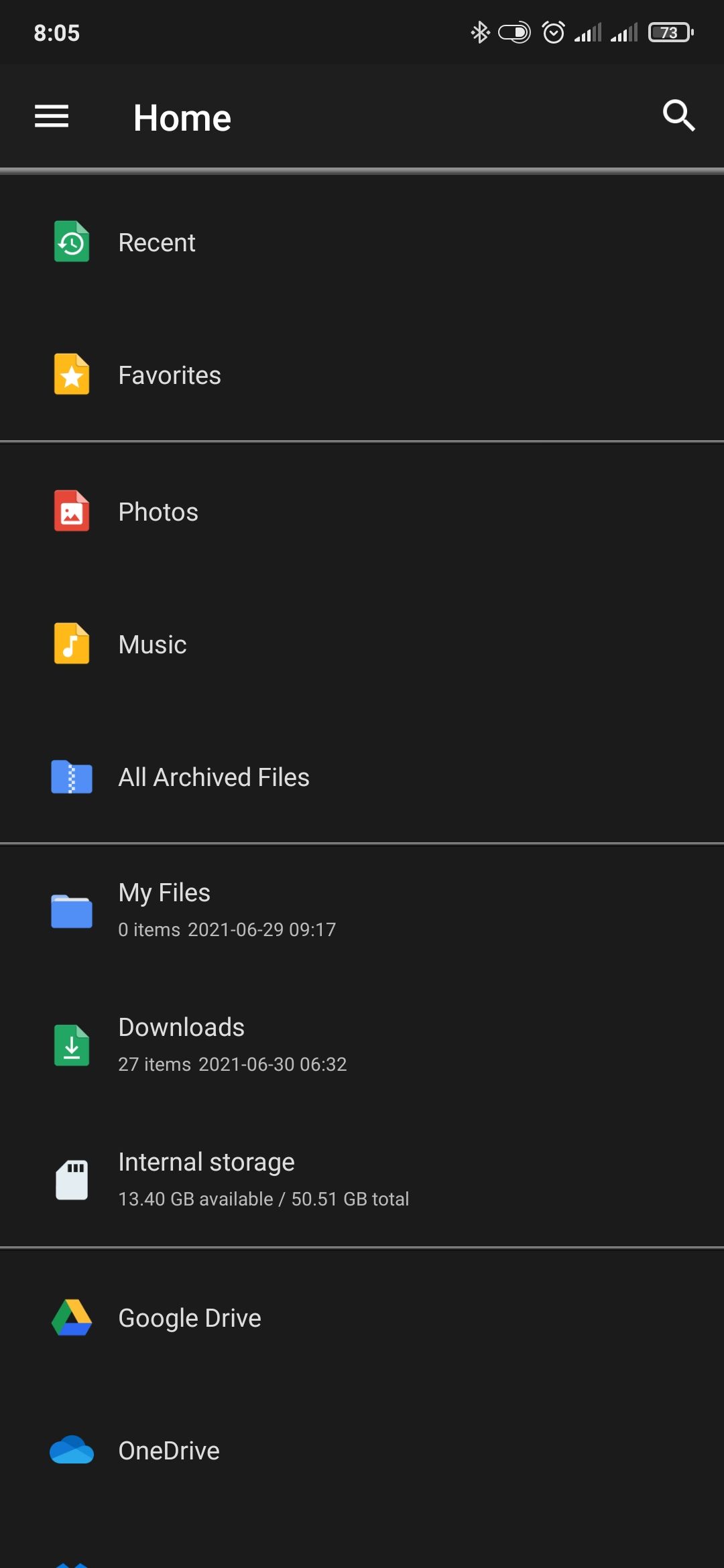 Домашний экран WinZip на Android, показаны основные элементы управления