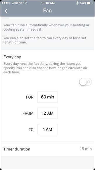 Пример расписания вентилятора в приложении