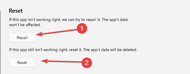 Кнопки восстановления и сброса приложения