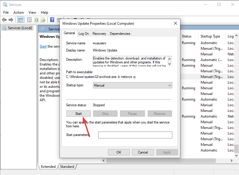 Кнопка Запустить для выбранной службы