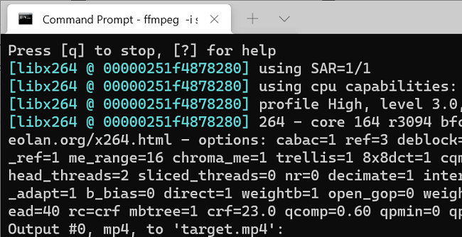 Ход конвертации в FFmpeg и строки вывода прогресса.