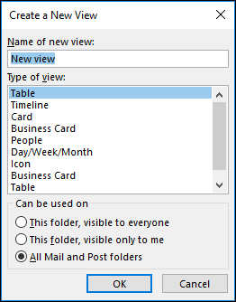 Окно создания нового вида с выбором типа и области применения