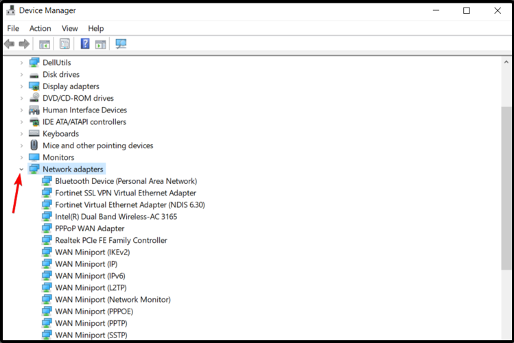 Список сетевых адаптеров в диспетчере устройств Windows 7