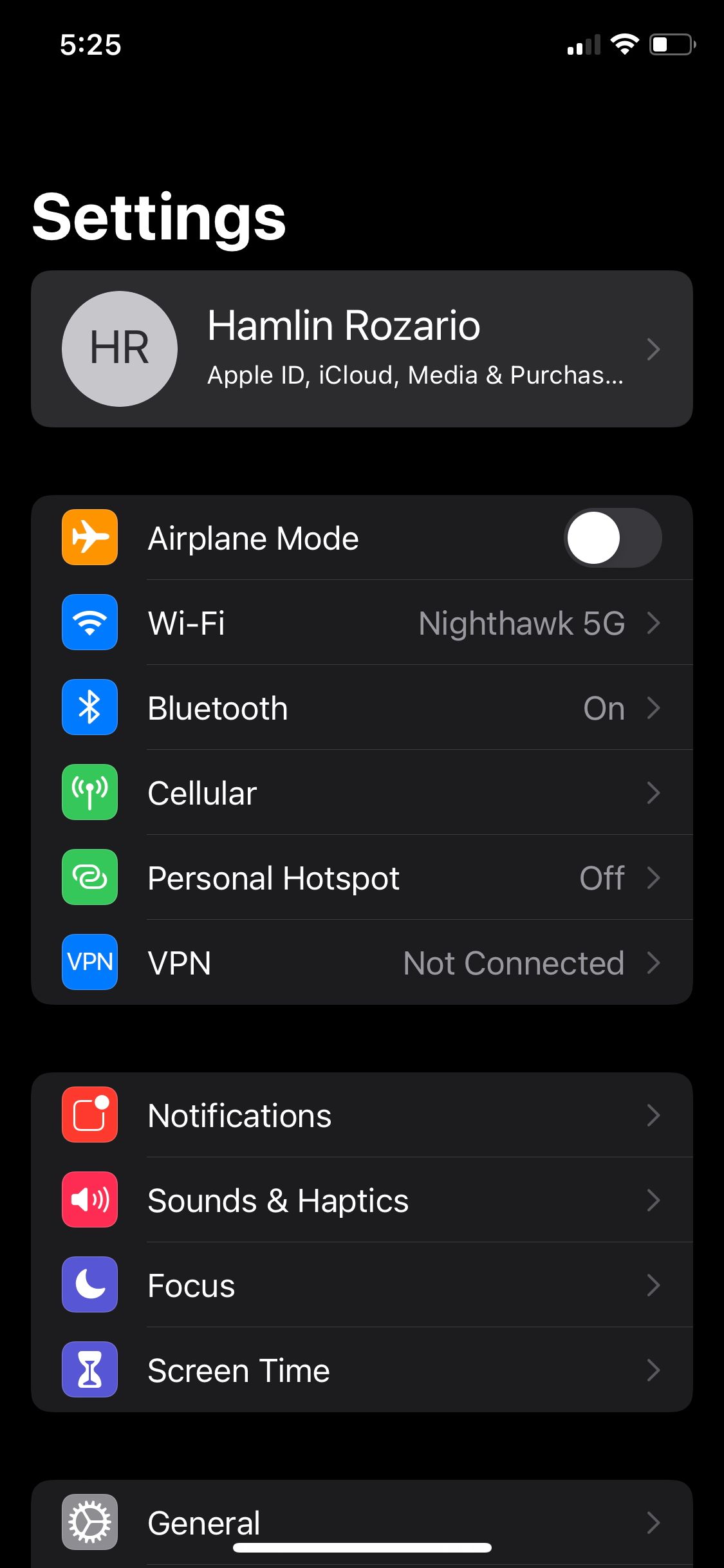 Меню настроек iOS