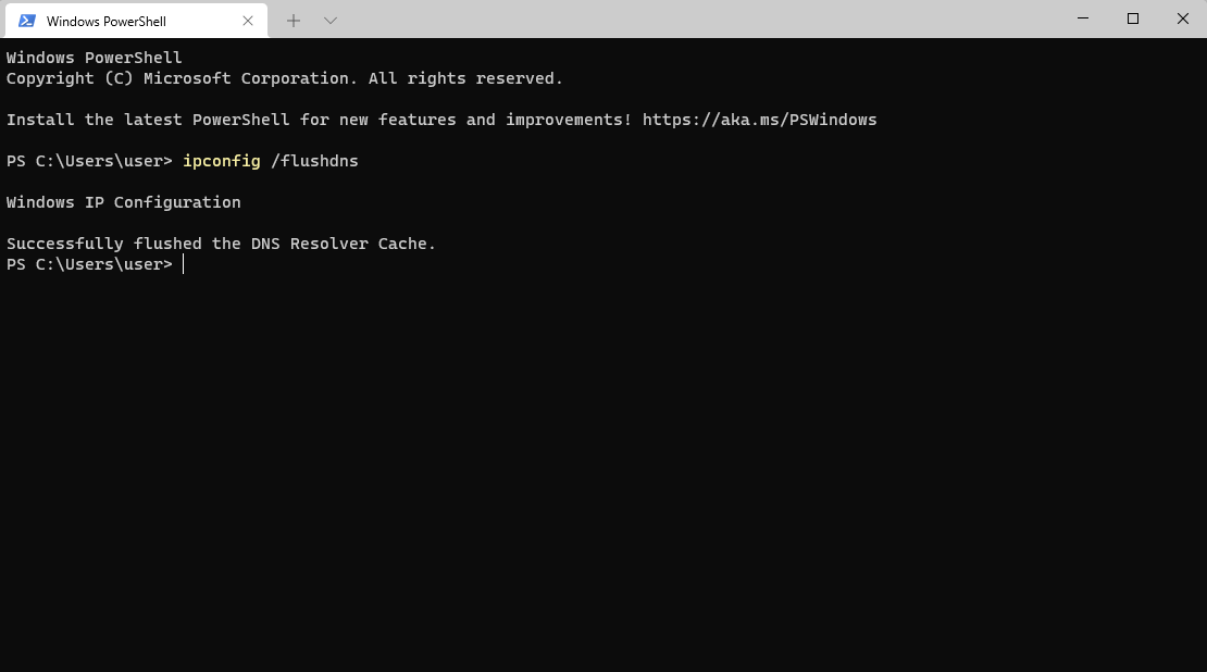 Запуск команды ipconfig /flushdns в терминале Windows