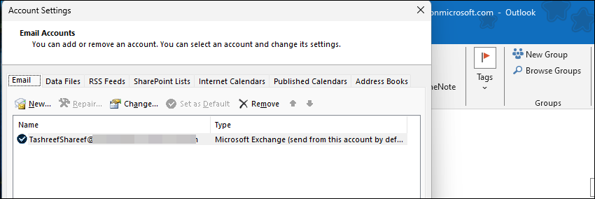 Диалог Account Settings в Microsoft Outlook.