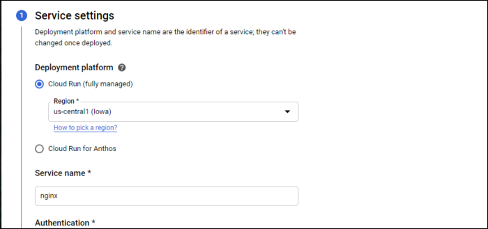 Выбор региона и имени службы