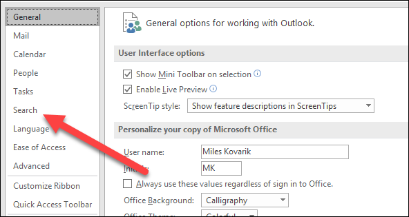 Раздел Поиск в Параметрах Outlook с параметрами результатов