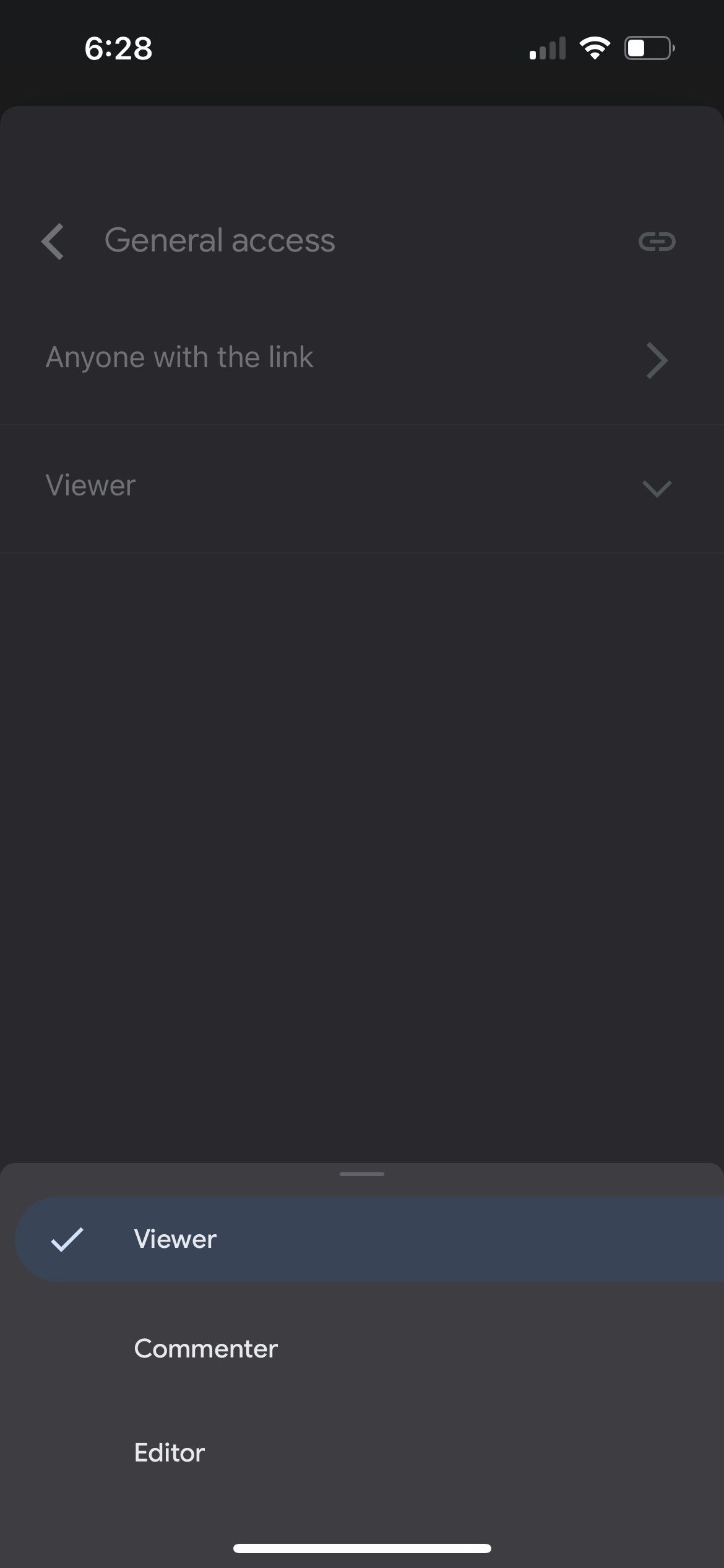 Параметры общего доступа в Google Docs на iOS