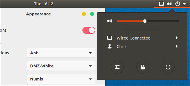 Панель GNOME и меню, которые контролирует тема оболочки