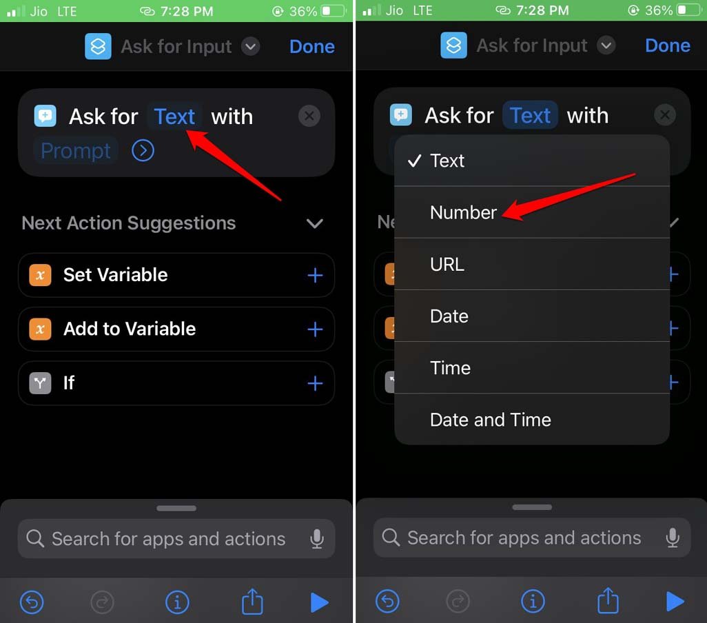 Изменение типа ввода на 'Число' в Shortcuts