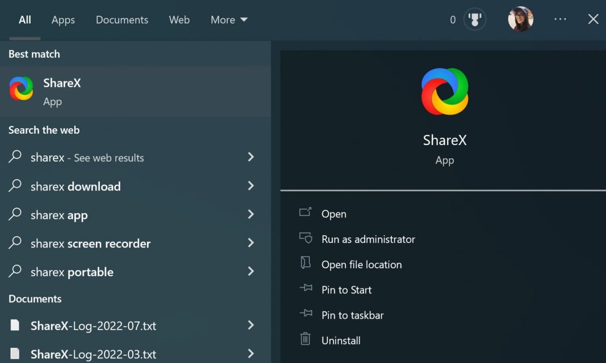 Поиск ShareX через поиск Windows