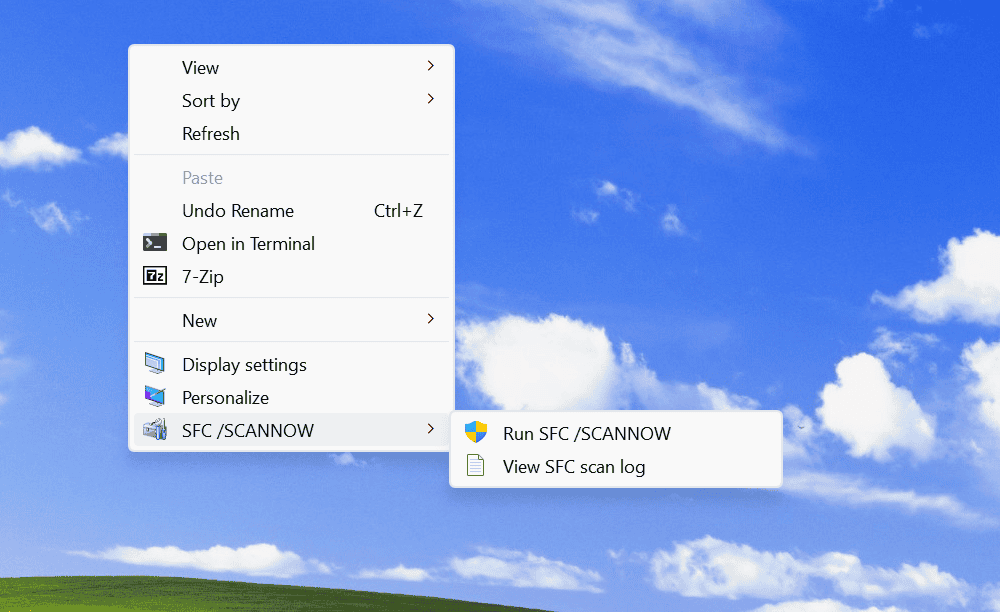 Запись SFC /SCANNOW в контекстном меню рабочего стола