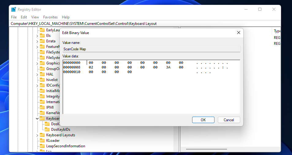 Окно редактирования бинарного значения с введёнными байтами