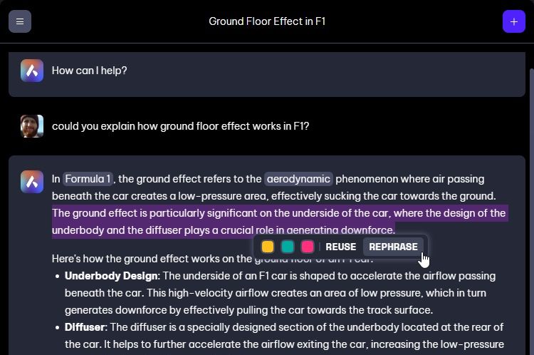Aria перефразирует выбранный фрагмент ответа