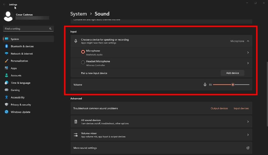 Окно настройки входного устройства в Windows — выбор микрофона и ползунок громкости