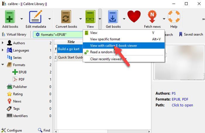 Просмотр файла EPUB в встроенном просмотрщике Calibre