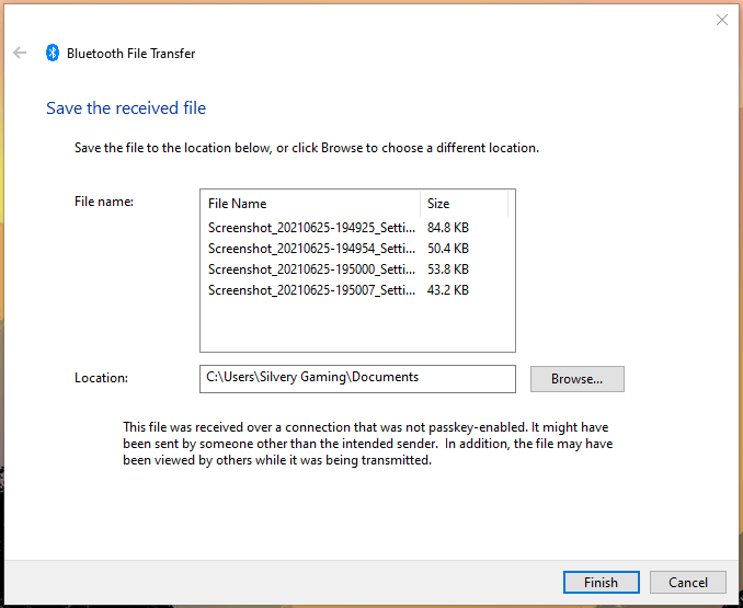 Нажмите «Готово» после завершения приёма файла в Windows