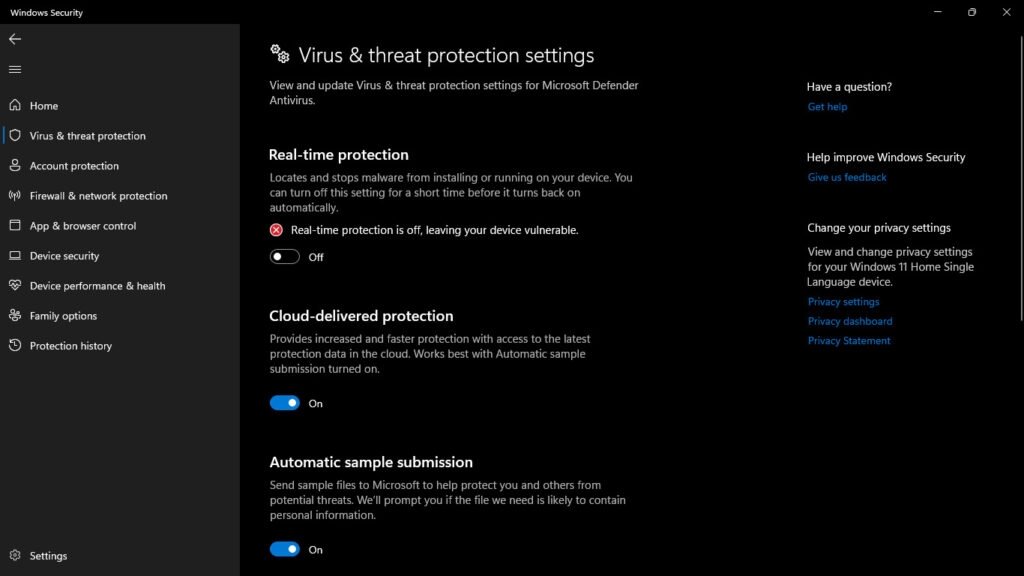 Иллюстрация: отключение защиты в реальном времени в Windows Security