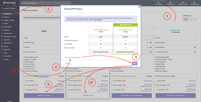 Экран управления VPN в ProtonMail