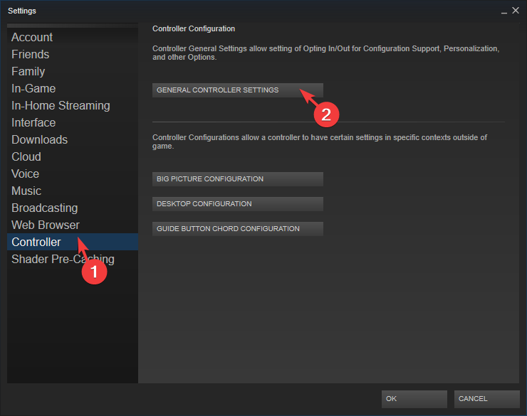 Controller settings window