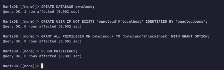 Создание базы и пользователя — вывод терминала