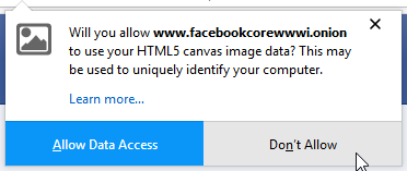 Окно запроса доступа к HTML5 Canvas в Tor Browser