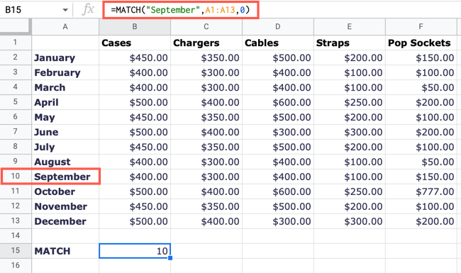 Пример формулы MATCH в Google Таблицах